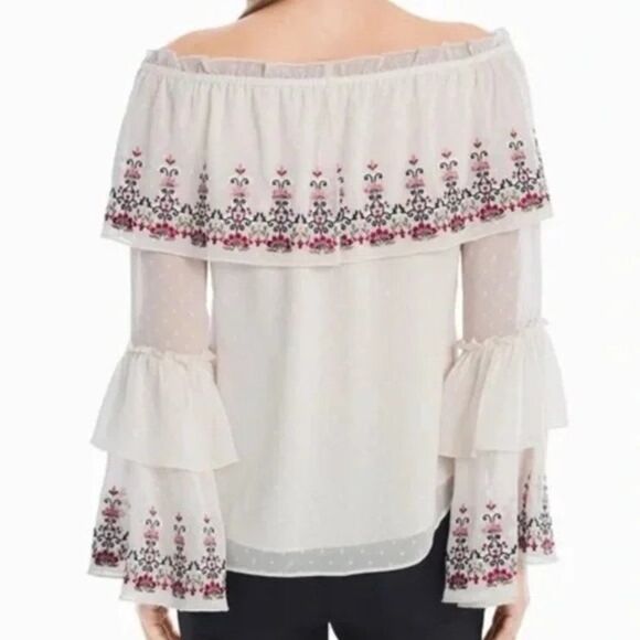 White House Black Market Off the Shoulder Embroidered Swiss Dot Blouse Medium - Picture 1 of 8